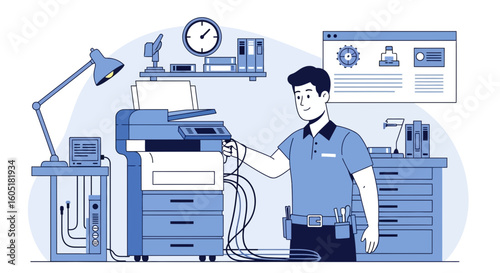 Technician Connecting Cables To A Multifunctional Office Printer Machine