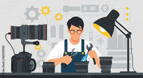 Photography Equipment Specialist Manually Adjusting Camera Lens Under Desk Lamp