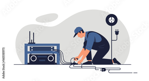 Technician Connecting Cables To a Server Rack In Data Center
