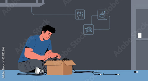 Technician Organize Cables For Network Connection Configuration In Server Room
