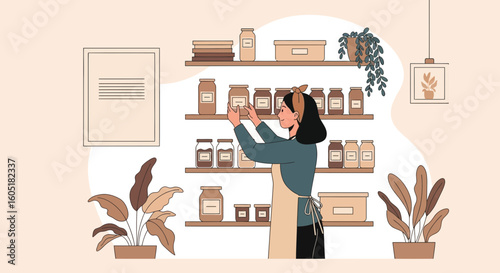 Woman Arranging Preserved Food on Shelves in Cozy Home Interior Scenery