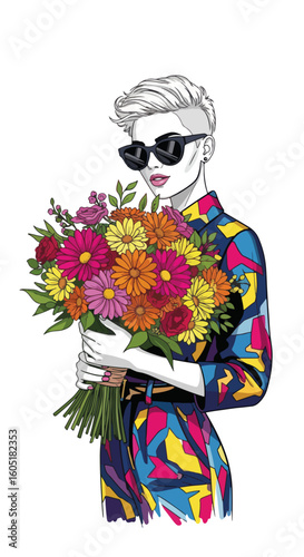 Stylish woman illustration with a colorful flower bouquet. Fashionable woman, flowers bring joy to any occasion, and the woman holds the bouquet.