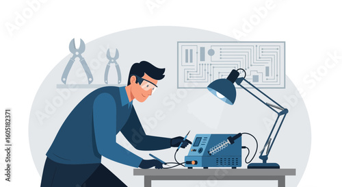 Technician Working With Soldering Equipment For Electronic Circuit Repairing