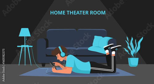 Relaxing Evening Scene In Home Theater Room With Boy And Mobile Device