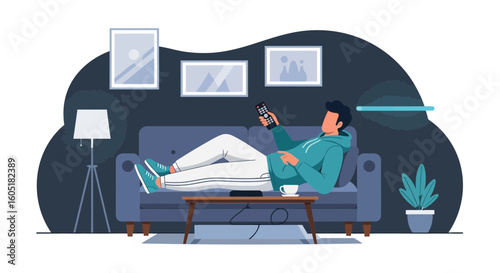 Relaxing Evening Scene Man Watching Television With Remote At Home
