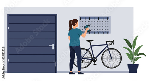 Woman Assembling A Pegboard In Her Garage With A Bicycle Beside Her