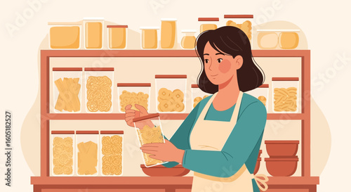 Woman Arranging Various Pasta Types Jars On Kitchen Shelves At Home