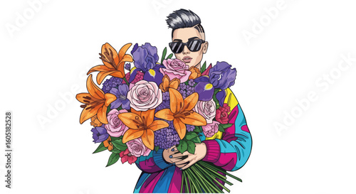 Young woman with flower bouquet posing with oversized colorful flower bouquet, complemented by a trendy sweater and stylish sunglasses. Flower bouquet embraces youthful expression.