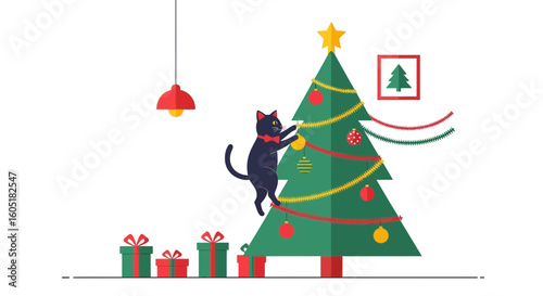 Playful Black Cat Decorating The Christmas Tree With Festive Cheer And Presents