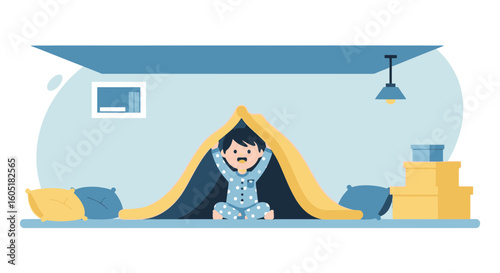 Playful Child Creating a Cozy Fort Adventure at Home for Imagination