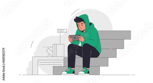 Teenager Plays Video Game On Handheld Console While Sitting On Staircase