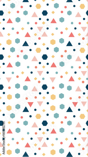 Whimsical geometric pattern featuring a repeating array of colorful shapes on a clean white background