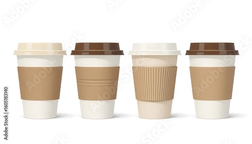 Paper coffee cups and paper food cups on a white background.