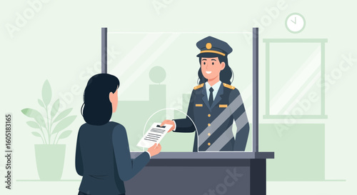 Woman At Immigration Counter Checkpoint For International Flight Security Concept