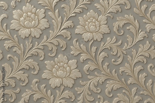 Elegant embossed floral wallpaper pattern with subtle metallic accents creating luxurious interior design element