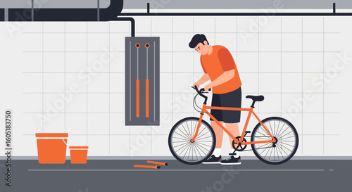 Repairing His Bicycle In The Basement With Painting Equipment Near By