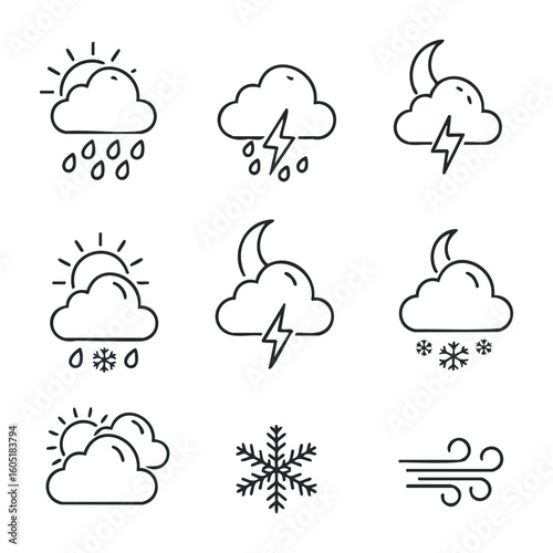 Weather icons: sun, rain, lightning, snow, wind in minimalist style. Vector illustration