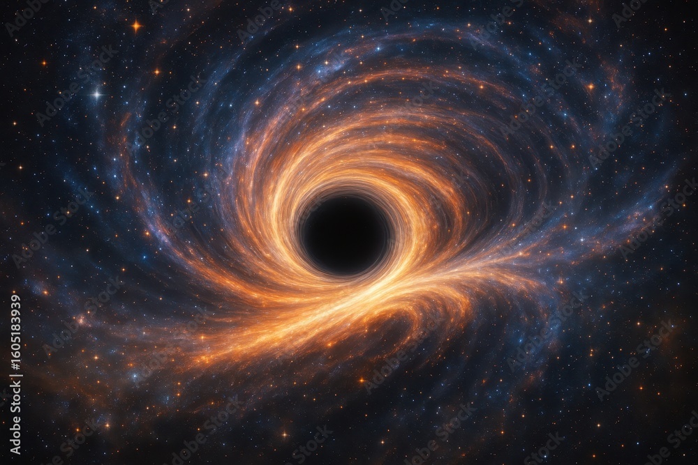 Obraz premium Cosmic event horizon with swirling galaxy matter being drawn into gravitational singularity