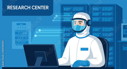 Researcher In Protective Suit Working At Computer In Research Facility