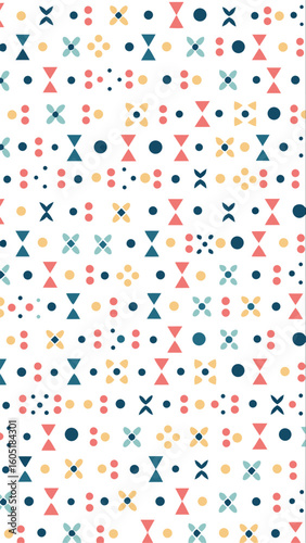 A vibrant abstract pattern featuring a repeating geometric arrangement of colorful shapes and dots on a white background