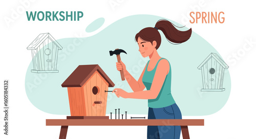 Woman Building Birdhouse At Spring Workshop, Constructing A Home For Nature