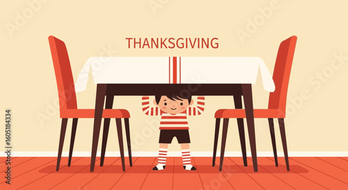 Thanksgiving Dinner Anticipation Little Boy Playing Under Table Celebrating Holiday