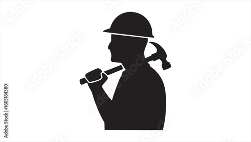 A black and white silhouette of a man wearing a hard hat and holding a hammer over his shoulder.