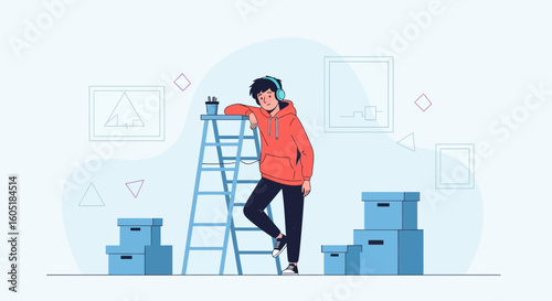 Resting While Moving Boxes Around The New Home Illustration Minimal Design