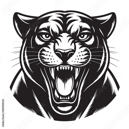Fierce black panther head roaring with open mouth and bared teeth vector design