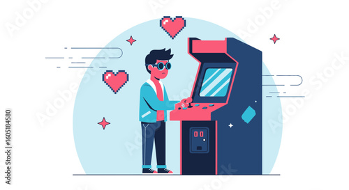 Retro Gamer Immersed in Classic Arcade Game For An Exciting Adventure