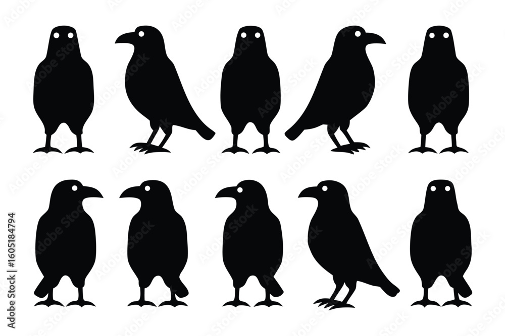 Fototapeta premium Collection of diverse bird silhouettes in various poses showcasing different wing positions and stances