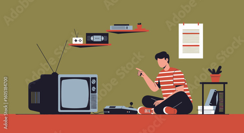 Retro Gaming Illustration Of A Man Playing A Classic Console Game