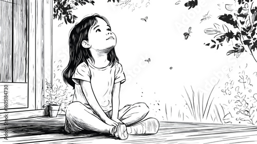 Inquisitive Young Child on Porch Looking Ahead with Wonder