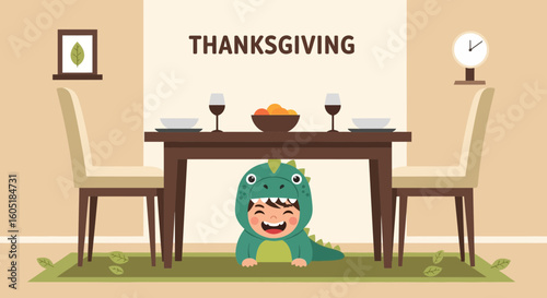 Thanksgiving Dinner Table With Child Dressed Up In Dinosaur Costume Preparing A Prank