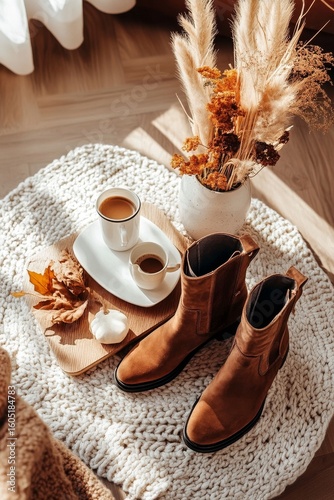 Cozy Autumn Morning With Stylish Boots, Warm Drinks, and Dried Flowers in Coz...