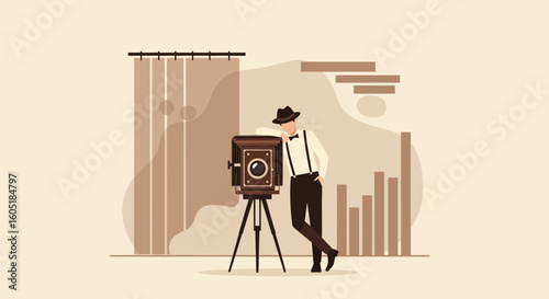 Retro Photographer Leaning Against Vintage Camera In Studio Flat Illustration