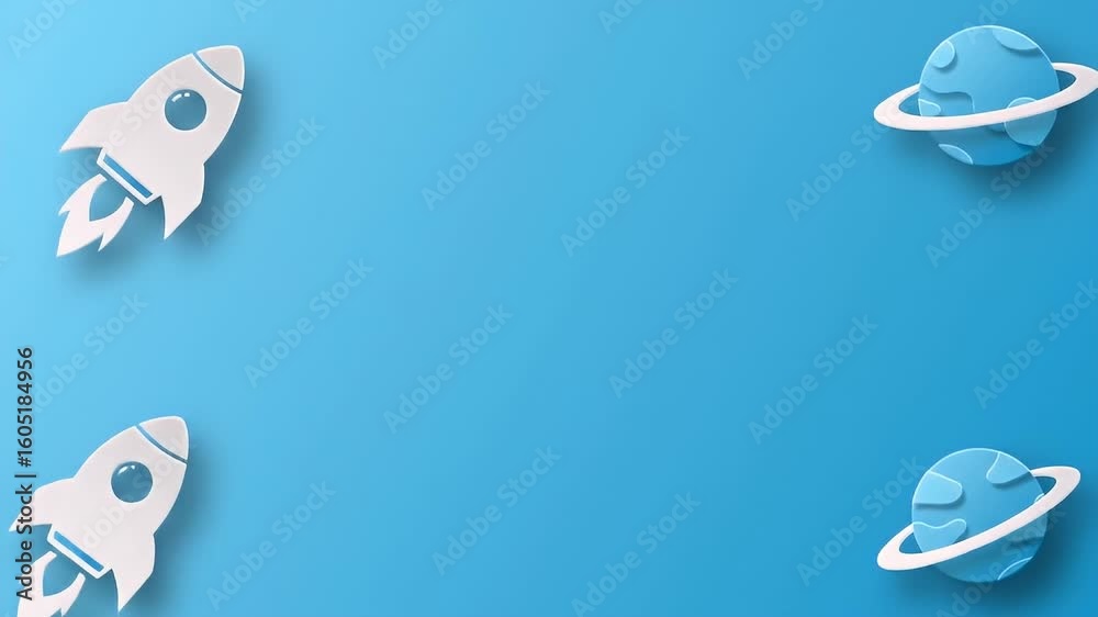 Two white paper-cutout rockets launch upwards, while two blue paper planets with rings float in the corners against a light blue background.