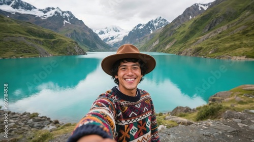 Smiling South American man taking selfie in front of turquoise mountain lake and scenic alpine landscape.
