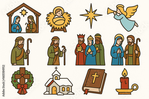 Set of Christmas Religious Icons in Flat Vector Style