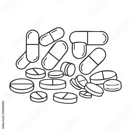 Assorted line art pills and capsules on white background showing medication variety. Vector illustration