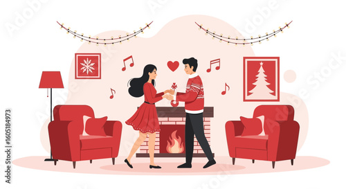 Romantic Christmas Time At Home With Happy Couple Dancing Together