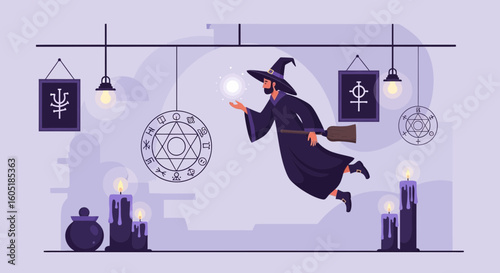 The Flying Wizard Delivers Magic Spells in a Mystical Room on a Broomstick