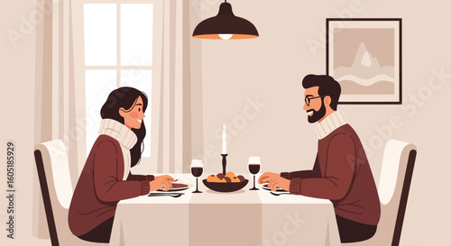 Romantic Evening Dinner At Home With Couple In Winter Clothing