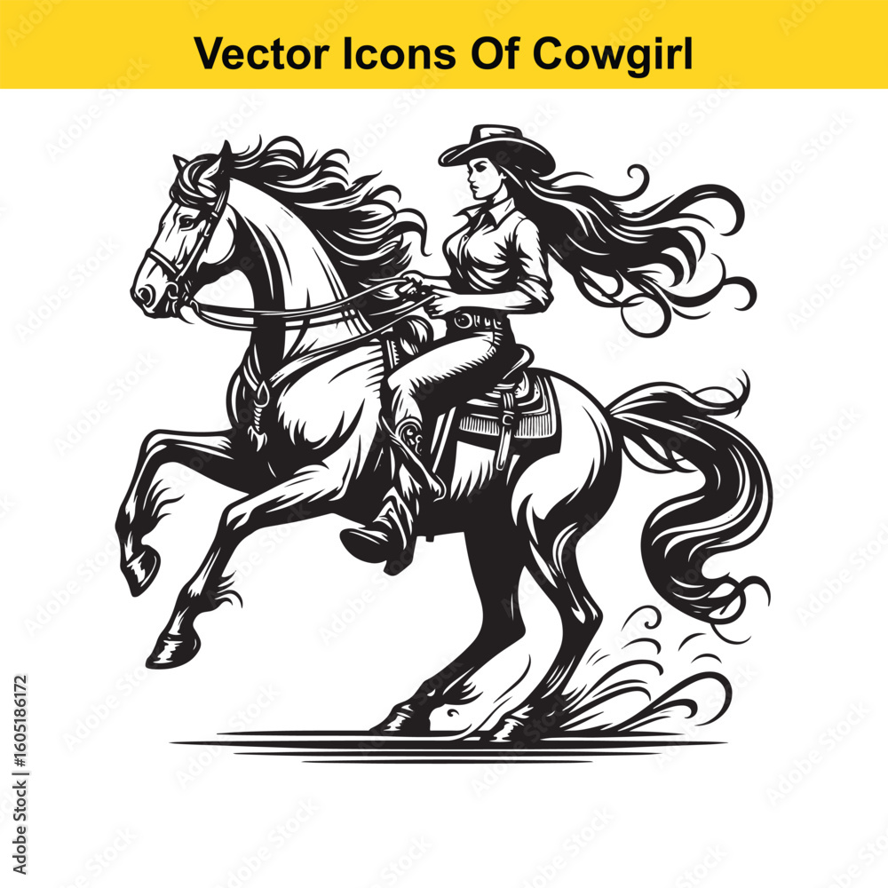 Fototapeta premium Cowgirl Riding Horse with Braid and Blowing Hat – Western Line Art Vector