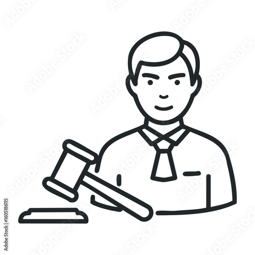 Male judge with gavel line drawing illustration for legal justice concept. Vector illustration
