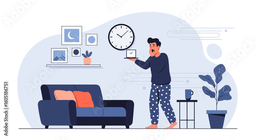Tired Morning Man Holding Laptop In Pajamas At Home Illustration