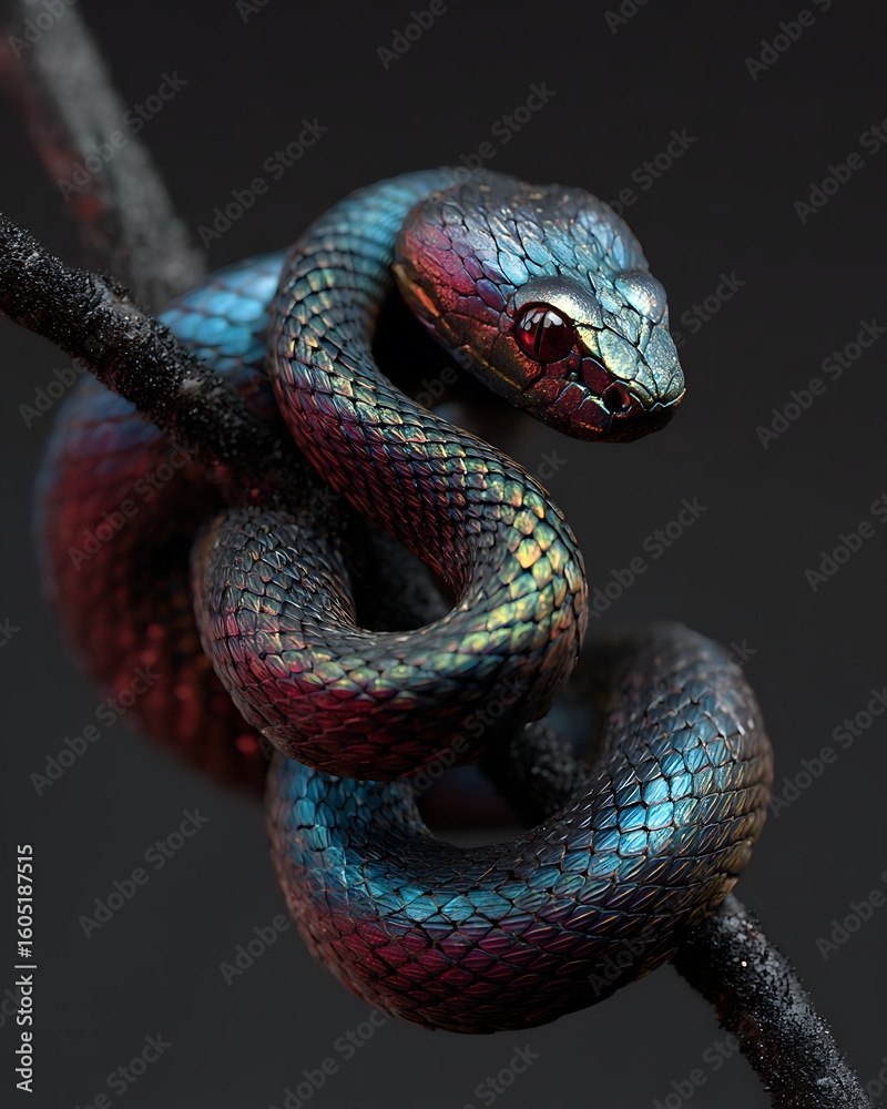 Obraz premium Vibrant iridescent snake coiled on a branch in a detailed macro shot