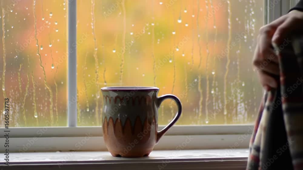Hot tea mug on windowsill on rainy autumn day. Cozy morning atmosphere with falling rain on window outside footage.