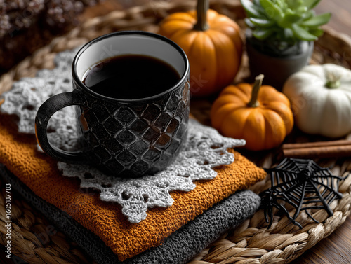 Warm coffee in a cozy setting with pumpkins and greenery, perfect for autumn afternoons and seasonal decoration inspiration