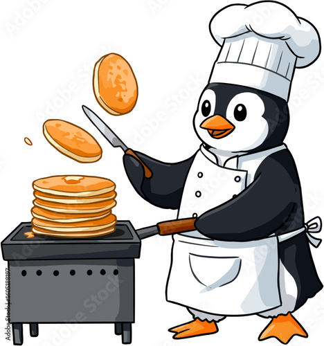 Chef penguin preparing and serving a stack of pancakes.
